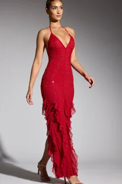 Oh Polly Wedding Guest | Party Dresses^Embellished Halter Neck Ruffle Maxi Dress in Red