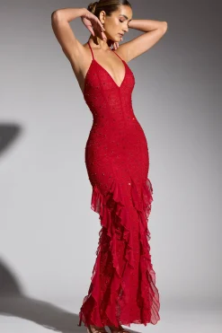 Oh Polly Wedding Guest | Party Dresses^Embellished Halter Neck Ruffle Maxi Dress in Red
