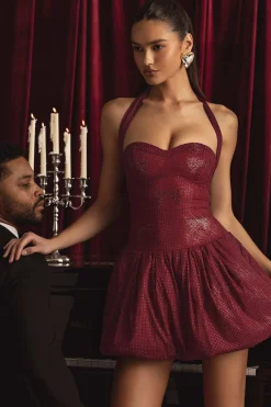 Oh Polly Embellished Dresses^Embellished Halterneck Bubble Hem Mini Dress in Wine Red WineRed