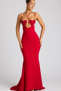 Oh Polly Embellished Dresses^Embellished Heart Cup Detail Evening Gown in Fire Red FireRed