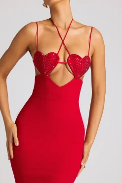 Oh Polly Embellished Dresses^Embellished Heart Cup Detail Evening Gown in Fire Red FireRed