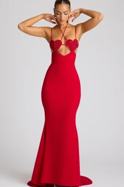 Oh Polly Embellished Dresses^Embellished Heart Cup Detail Evening Gown in Fire Red FireRed