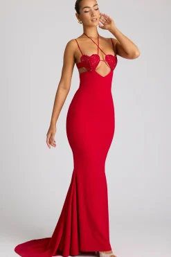 Oh Polly Embellished Dresses^Embellished Heart Cup Detail Evening Gown in Fire Red FireRed