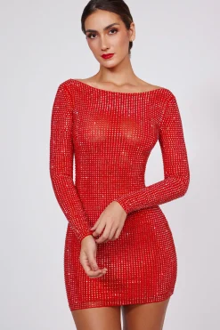 Oh Polly Party Dresses | Homecoming Dresses^Embellished High Neck Cowl Back Mini Dress in Fire Red FireRed