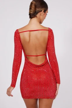 Oh Polly Party Dresses | Homecoming Dresses^Embellished High Neck Cowl Back Mini Dress in Fire Red FireRed