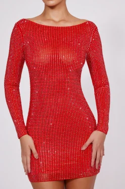 Oh Polly Party Dresses | Homecoming Dresses^Embellished High Neck Cowl Back Mini Dress in Fire Red FireRed