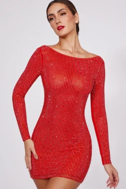 Oh Polly Party Dresses | Homecoming Dresses^Embellished High Neck Cowl Back Mini Dress in Fire Red FireRed