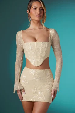 Oh Polly Women'S Clothing Sale - $65 And Under | Women'S Clothing Sale - $40 And Under^Embellished Lace Bodycon Mini Skirt in Ivory