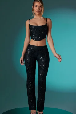 Oh Polly Bottoms^Embellished Lace Low Rise Trousers in Black