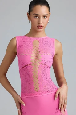 Oh Polly Women'S Clothing Sale - $65 And Under | Women'S Clothing Sale - $40 And Under^Embellished Lace-Up High-Neck Top in Bubblegum Pink BubblegumPink