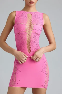 Oh Polly Women'S Clothing Sale - $65 And Under | Women'S Clothing Sale - $40 And Under^Embellished Lace-Up High-Neck Top in Bubblegum Pink BubblegumPink