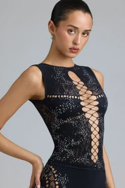 Oh Polly Women'S Clothing Sale - $65 And Under | Women'S Clothing Sale - $40 And Under^Embellished Lace-Up High-Neck Top in Black