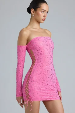 Oh Polly Women'S Clothing Sale - $65 And Under^Embellished Lace-Up Off-Shoulder Mini Dress in Bubblegum Pink BubblegumPink