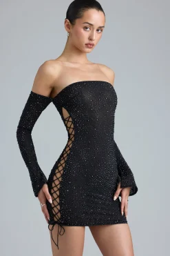 Oh Polly Women'S Clothing Sale - $65 And Under^Embellished Lace-Up Off-Shoulder Mini Dress in Black
