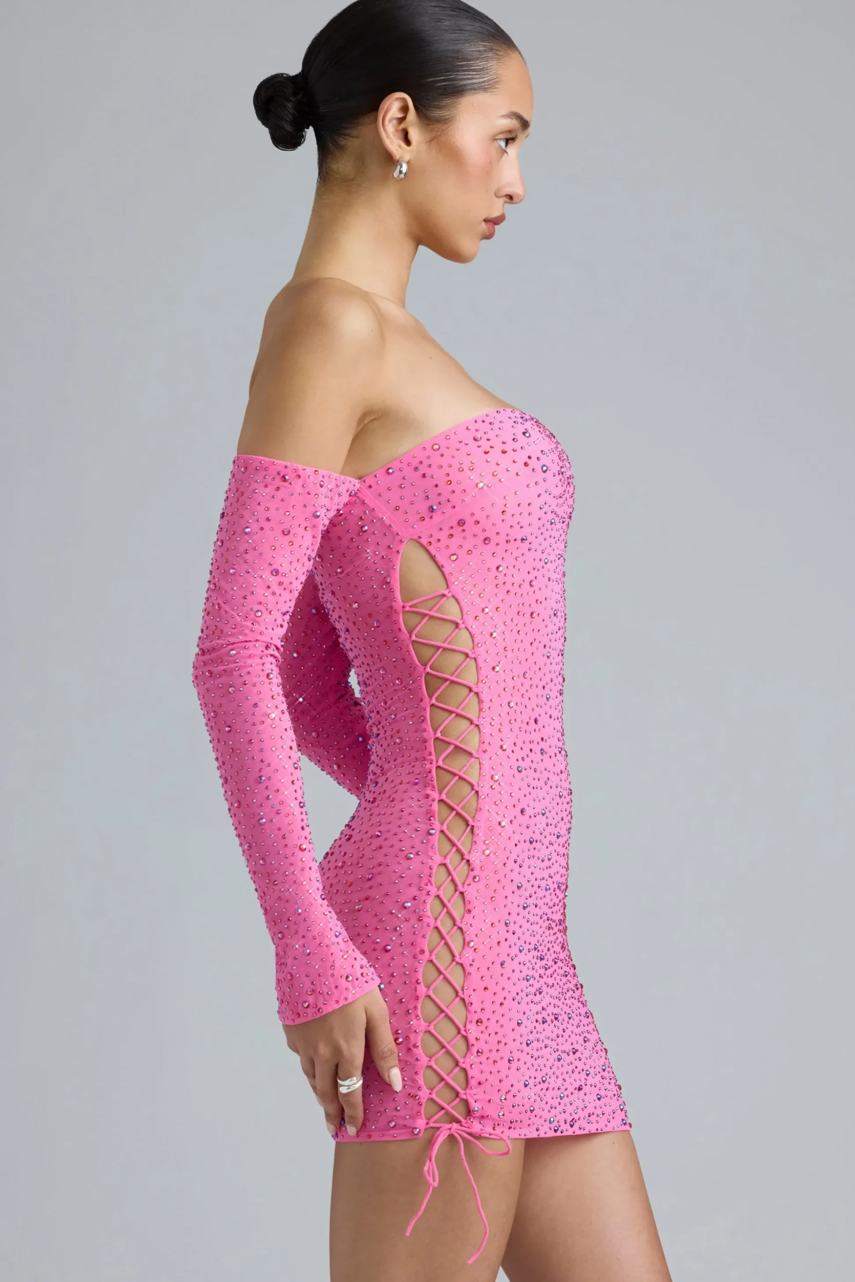 Oh Polly Women'S Clothing Sale - $65 And Under^Embellished Lace-Up Off-Shoulder Mini Dress in Bubblegum Pink BubblegumPink
