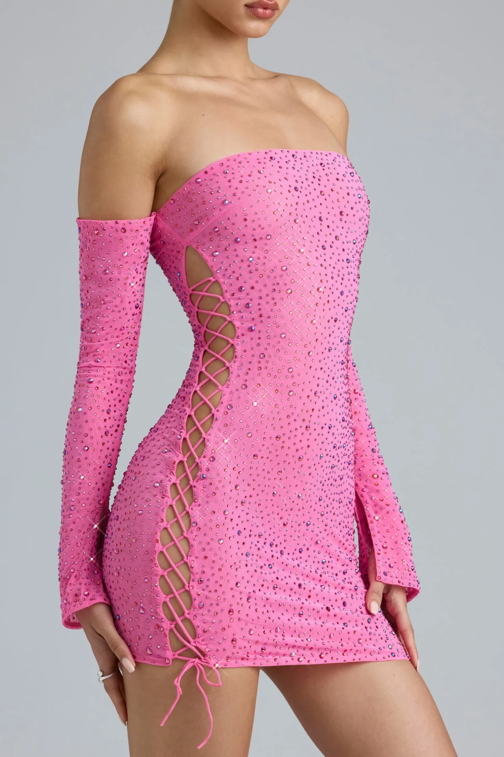Oh Polly Women'S Clothing Sale - $65 And Under^Embellished Lace-Up Off-Shoulder Mini Dress in Bubblegum Pink BubblegumPink