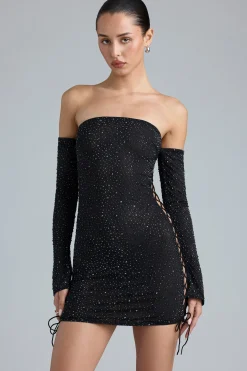 Oh Polly Women'S Clothing Sale - $65 And Under^Embellished Lace-Up Off-Shoulder Mini Dress in Black