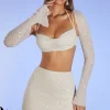 Oh Polly Co-Ords | Tops^Embellished Long Sleeve Crop Top in Ivory