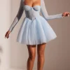 Oh Polly Party Dresses | Birthday^Embellished Long Sleeve Tulle Skirt Mini Dress in Blue