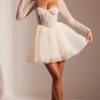 Oh Polly Party Dresses | Birthday^Embellished Long Sleeve Tulle Skirt Mini Dress in Ivory