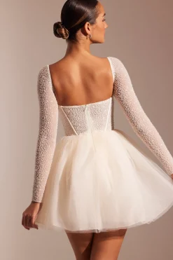 Oh Polly Party Dresses | Birthday^Embellished Long Sleeve Tulle Skirt Mini Dress in Ivory