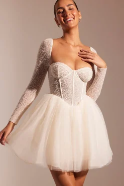 Oh Polly Party Dresses | Birthday^Embellished Long Sleeve Tulle Skirt Mini Dress in Ivory