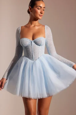 Oh Polly Party Dresses | Birthday^Embellished Long Sleeve Tulle Skirt Mini Dress in Blue