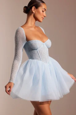 Oh Polly Party Dresses | Birthday^Embellished Long Sleeve Tulle Skirt Mini Dress in Blue