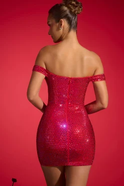 Oh Polly Party Dresses | Birthday^Embellished Off-Shoulder Mini Dress in Crimson Red CrimsonRed