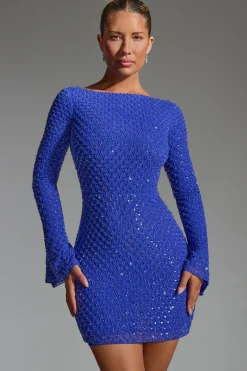 Oh Polly Party Dresses | Birthday^Embellished Open-Back A-Line Mini Dress in Cobalt Blue CobaltBlue
