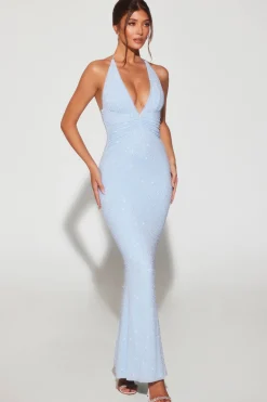 Oh Polly Wedding Guest | Party Dresses^Embellished Plunge Halter Neck Evening Gown in Blue