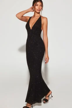 Oh Polly Wedding Guest | Party Dresses^Embellished Plunge Halter Neck Evening Gown in Black