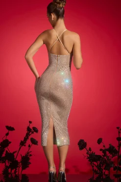 Oh Polly Party Dresses | Birthday^Embellished Plunge Midaxi Dress in Almond