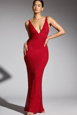Oh Polly Wedding Guest | Party Dresses^Embellished Plunge Neck Evening Gown in Red