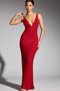 Oh Polly Wedding Guest | Party Dresses^Embellished Plunge Neck Evening Gown in Red