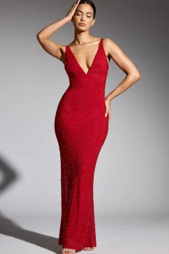 Oh Polly Wedding Guest | Party Dresses^Embellished Plunge Neck Evening Gown in Red