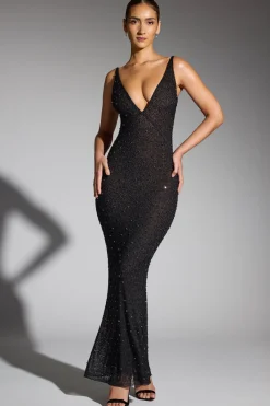 Oh Polly Wedding Guest | Party Dresses^Embellished Plunge Neck Evening Gown in Black