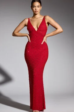 Oh Polly Wedding Guest | Party Dresses^Embellished Plunge Neck Evening Gown in Red