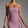 Oh Polly Homecoming Dresses | Birthday^Embellished Ruffled Cowl-Neck Bandeau Mini Dress in Mauve