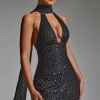 Oh Polly Party Dresses | Homecoming Dresses^Embellished Scarf-Detail Halterneck Mini Dress in Black