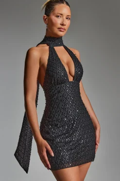 Oh Polly Party Dresses | Homecoming Dresses^Embellished Scarf-Detail Halterneck Mini Dress in Black