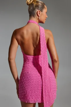 Oh Polly Party Dresses | Homecoming Dresses^Embellished Scarf-Detail Halterneck Mini Dress in Hot Pink HotPink