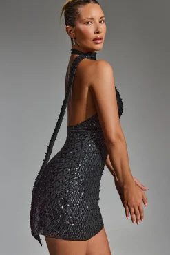 Oh Polly Party Dresses | Homecoming Dresses^Embellished Scarf-Detail Halterneck Mini Dress in Black