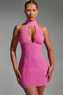 Oh Polly Party Dresses | Homecoming Dresses^Embellished Scarf-Detail Halterneck Mini Dress in Hot Pink HotPink