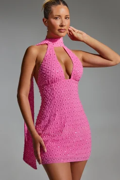 Oh Polly Party Dresses | Homecoming Dresses^Embellished Scarf-Detail Halterneck Mini Dress in Hot Pink HotPink