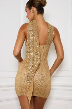 Oh Polly Party Dresses | Night Out^Embellished Scarf-Detail Mini Dress in Gold