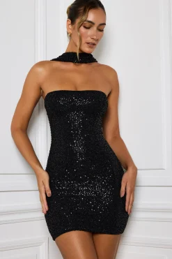 Oh Polly Party Dresses | Night Out^Embellished Scarf-Detail Mini Dress in Black
