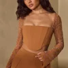 Oh Polly Women'S Clothing Sale - $65 And Under | Women'S Clothing Sale - $40 And Under^Embellished Sleeve Corset Crop Top in Caramel