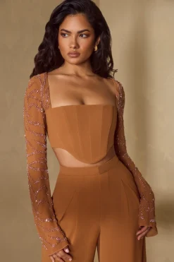 Oh Polly Women'S Clothing Sale - $65 And Under | Women'S Clothing Sale - $40 And Under^Embellished Sleeve Corset Crop Top in Caramel