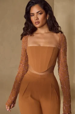 Oh Polly Women'S Clothing Sale - $65 And Under | Women'S Clothing Sale - $40 And Under^Embellished Sleeve Corset Crop Top in Caramel